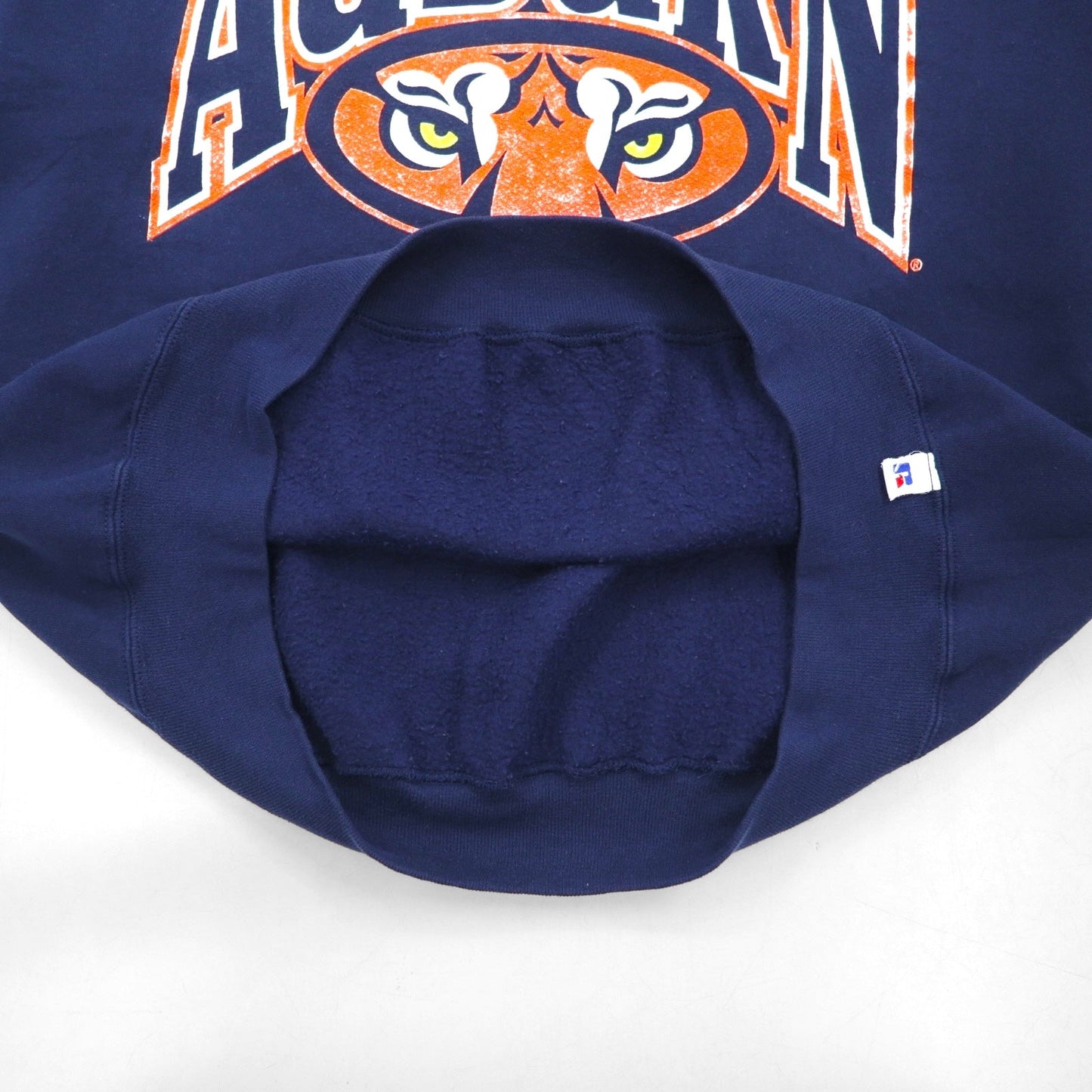 90年代 USA製 RUSSEL ATHLETIC カレッジプリント 前V スウェット トレーナー XL ネイビー 裏起毛 AUBURNS TIGERS アーチロゴ