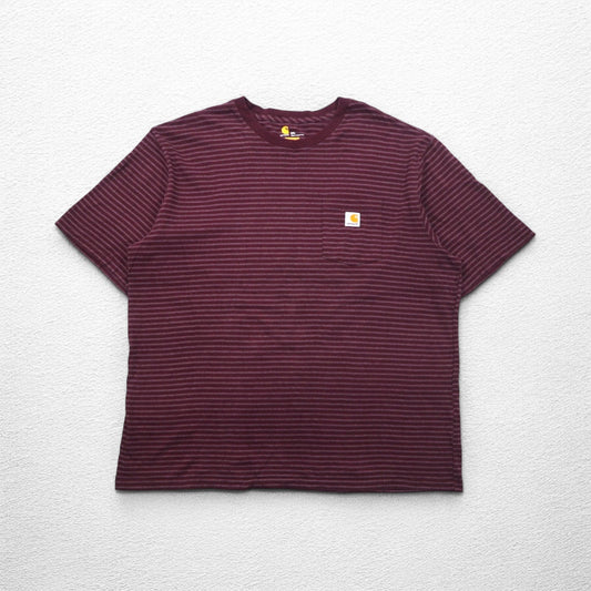 carhartt ポケット付き ボーダー Tシャツ ポケTee 2XL ボルドー グレー ORIGINAL FIT コットン