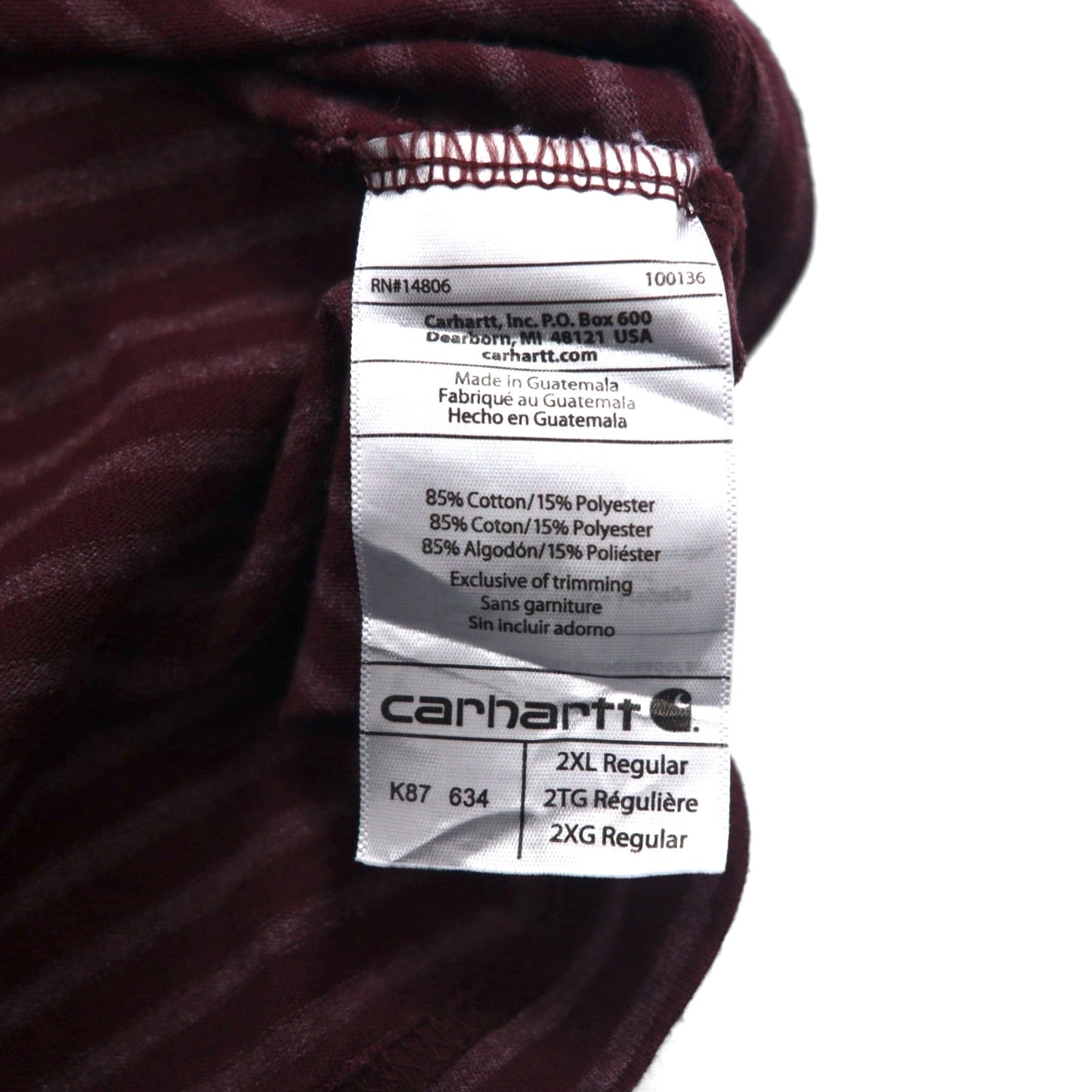 carhartt ポケット付き ボーダー Tシャツ ポケTee 2XL ボルドー グレー ORIGINAL FIT コットン