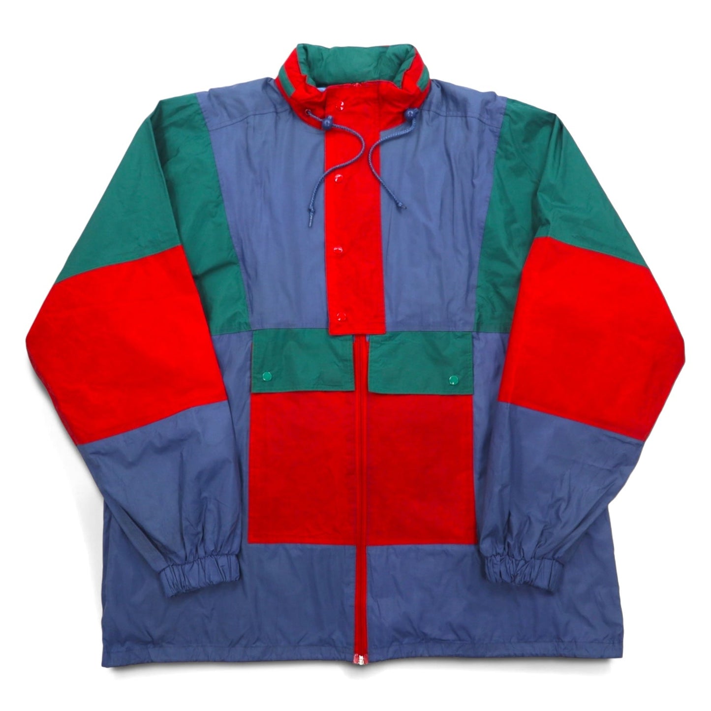 Vintage Euro Work Jacket ユーロワーク カラーブロック ナイロンジャケット XL ブルー フード収納式 ドローコード