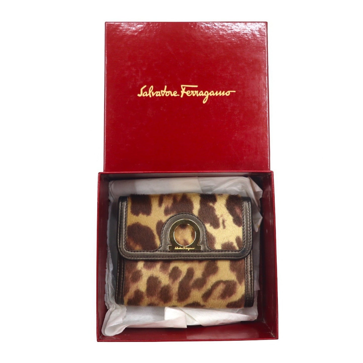Salvatore Ferragamo イタリア製 ガンチーニ ハラコ 2つ折り財布 レオパード柄 ブラウン レザー AQ-221792