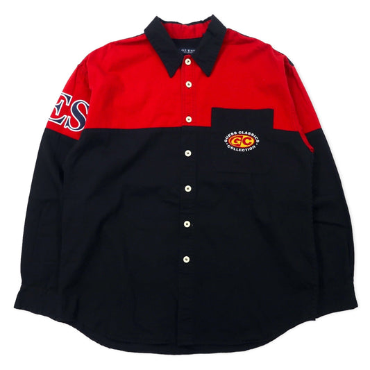 GUESS CLASSICS 90年代 ロゴ刺繍 ワークシャツ XL ブラック レッド バイカラー コットン