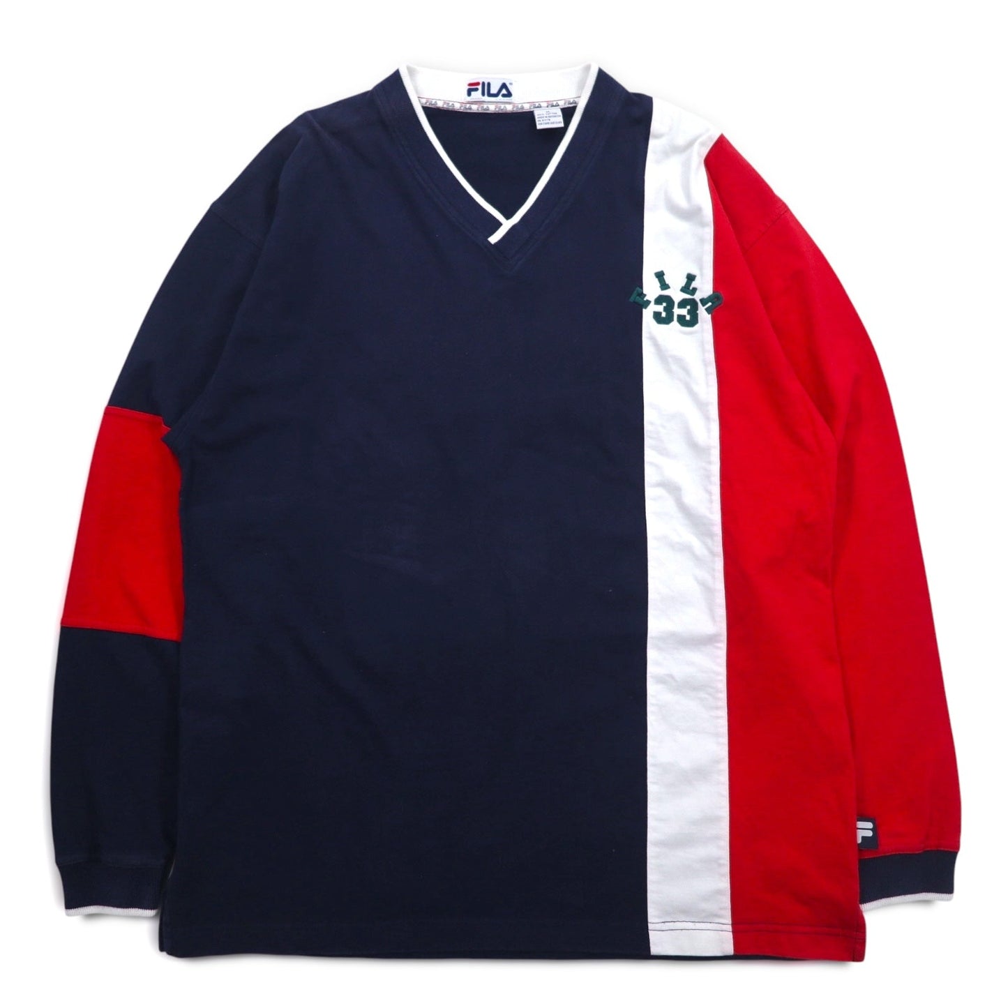 FILA 90年代 Vネック フットボール スウェット XL ネイビー トリコロール ナンバリング
