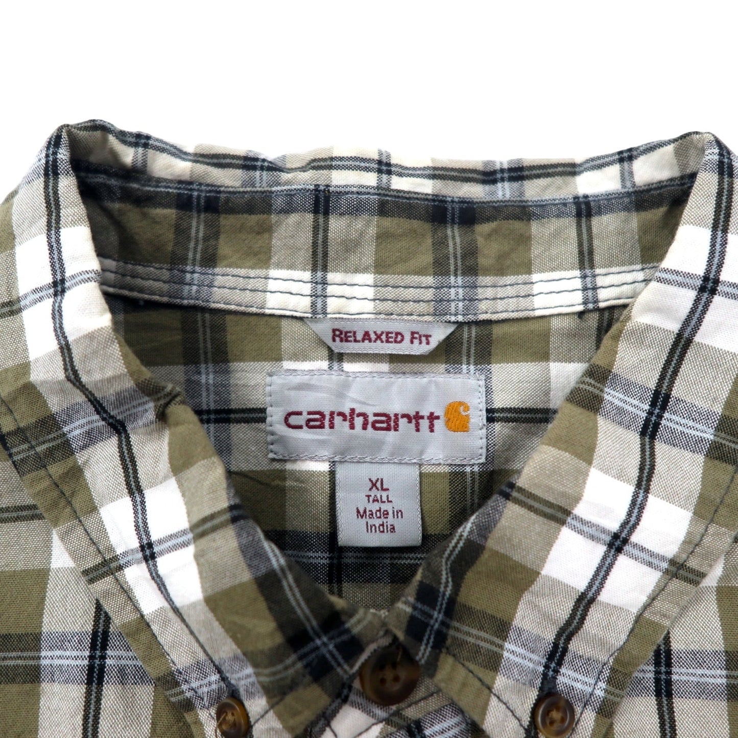 carhartt リラックスフィット 半袖 ボタンダウンシャツ XL カーキ ホワイト チェック コットン ビッグサイズ