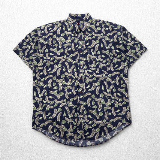 CHAPS RALPH LAUREN 90年代 半袖 ボタンダウンシャツ L ネイビー 総柄 リーフ ボタニカル 胸ポケット