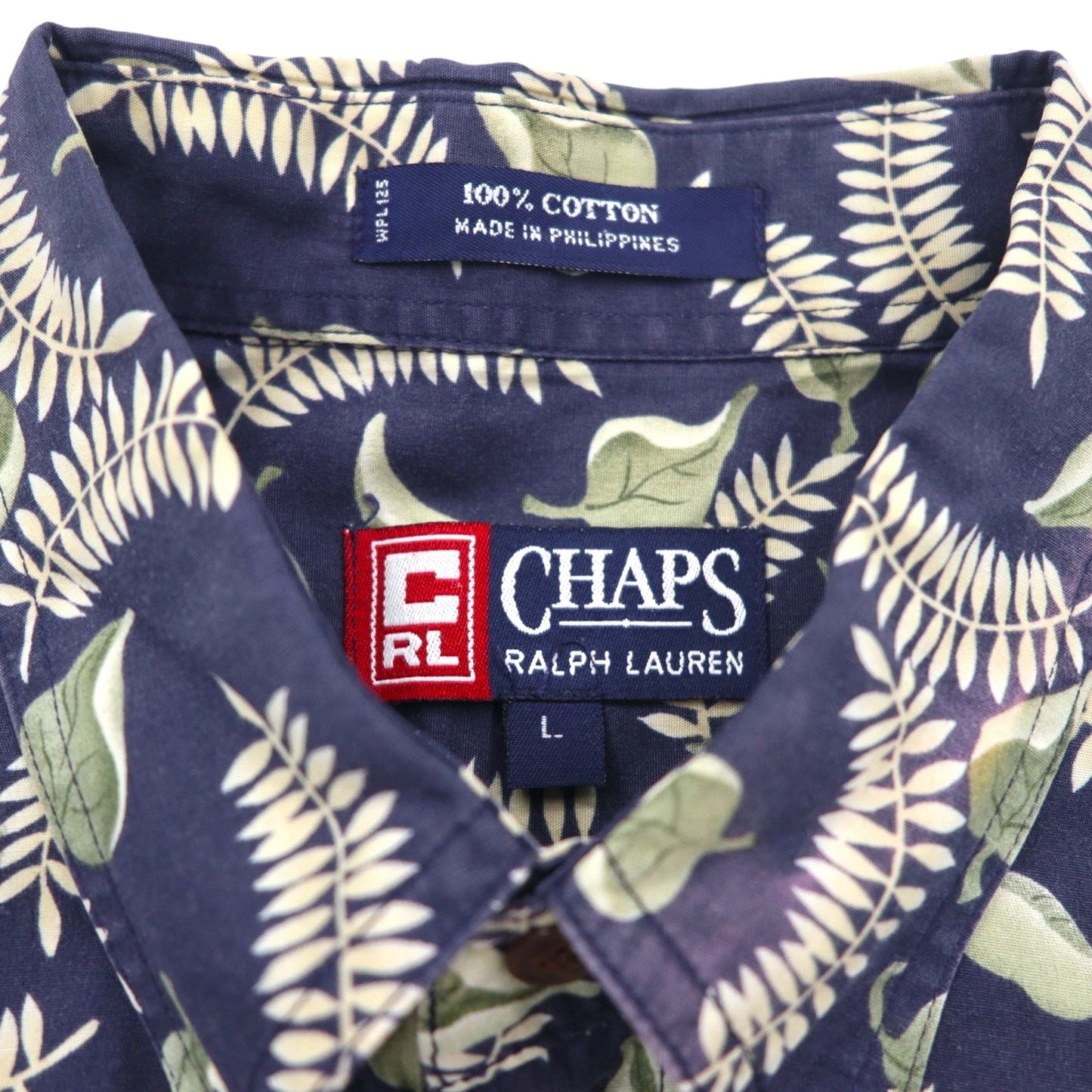 CHAPS RALPH LAUREN 90年代 半袖 ボタンダウンシャツ L ネイビー 総柄 リーフ ボタニカル 胸ポケット