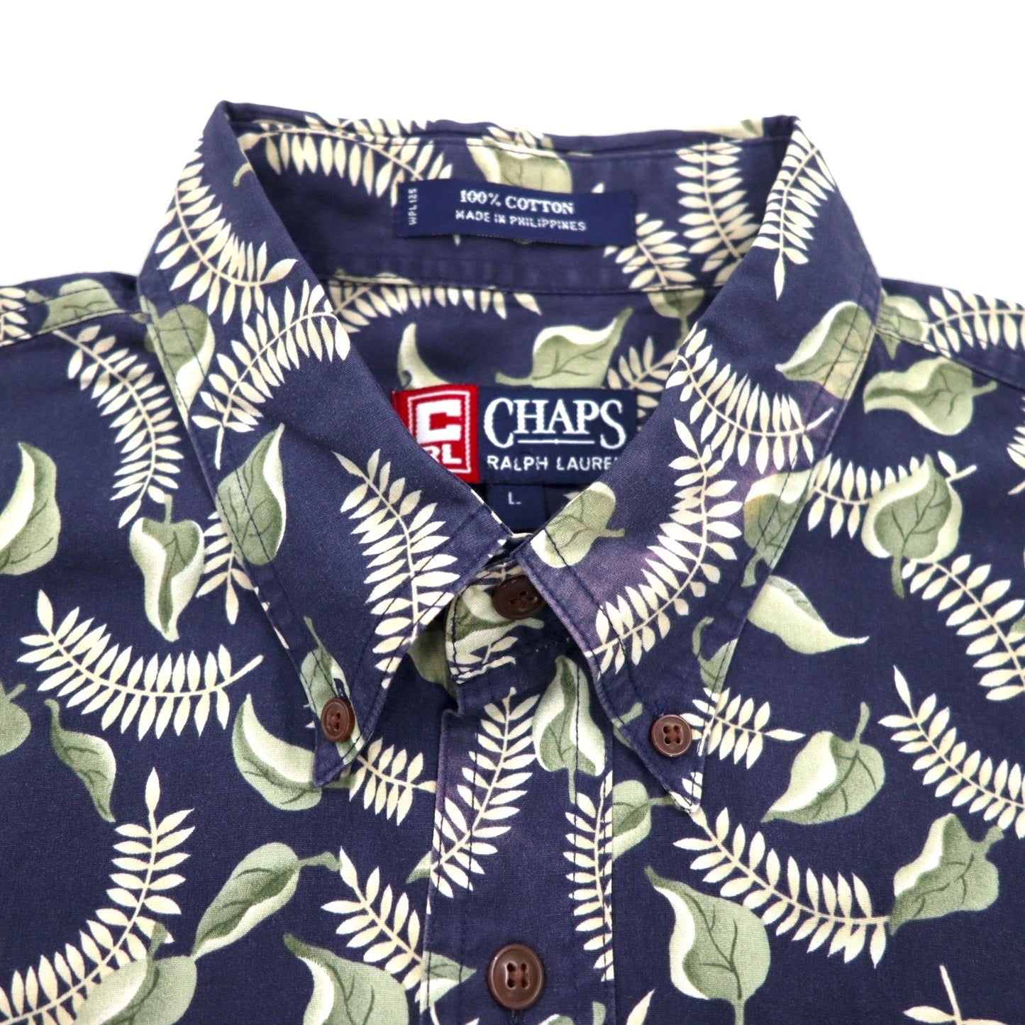 CHAPS RALPH LAUREN 90年代 半袖 ボタンダウンシャツ L ネイビー 総柄 リーフ ボタニカル 胸ポケット