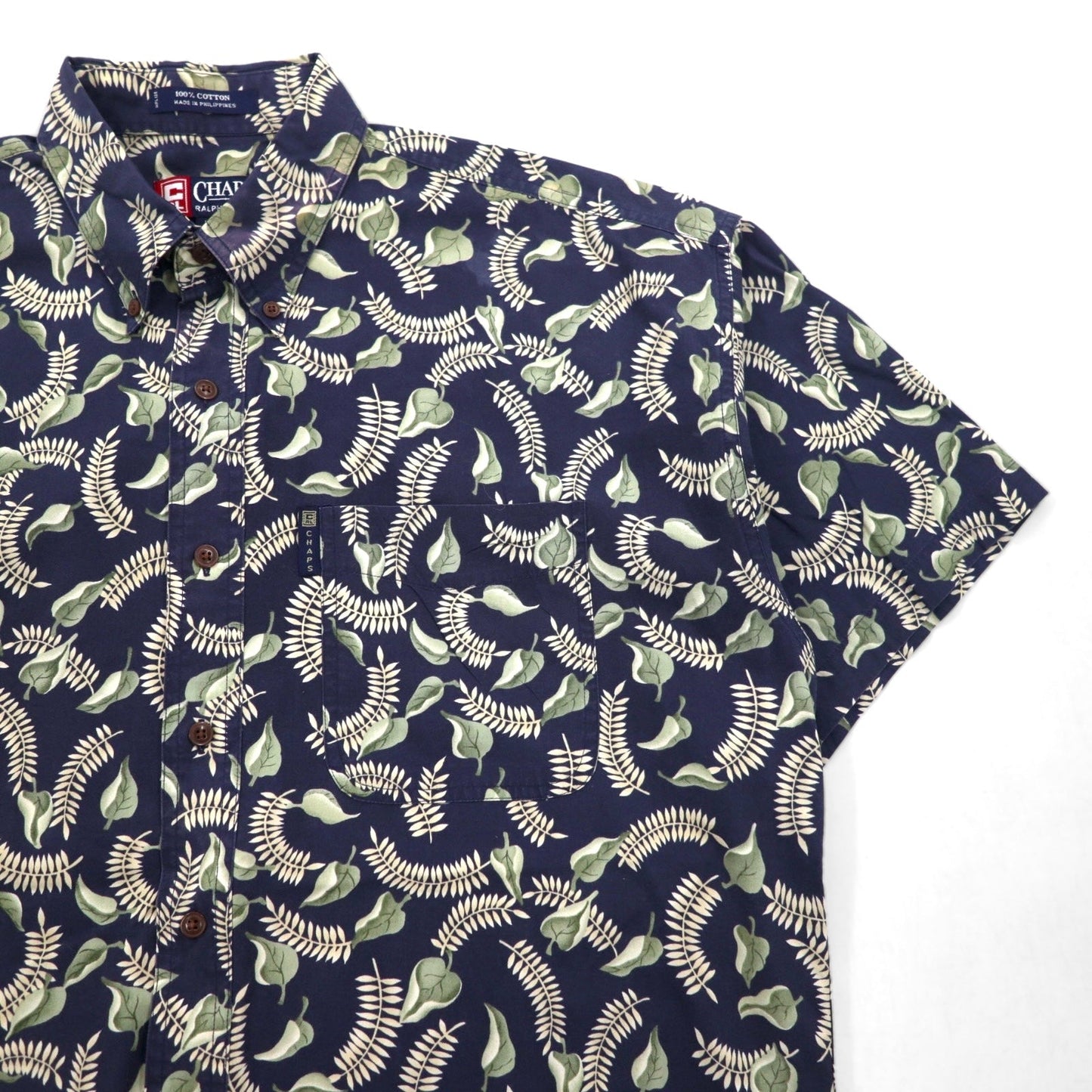 CHAPS RALPH LAUREN 90年代 半袖 ボタンダウンシャツ L ネイビー 総柄 リーフ ボタニカル 胸ポケット
