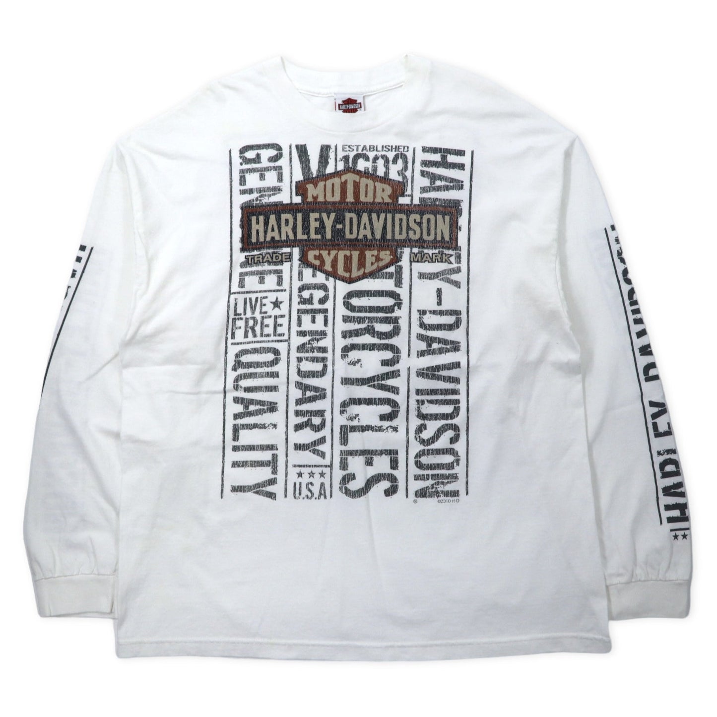 HARLEY DAVIDSON ロゴプリント ロングスリーブTシャツ ロンT 2XL ホワイト コットン 両面プリント 袖ロゴ BEAUMONT, TEXAS ビッグサイズ メキシコ製