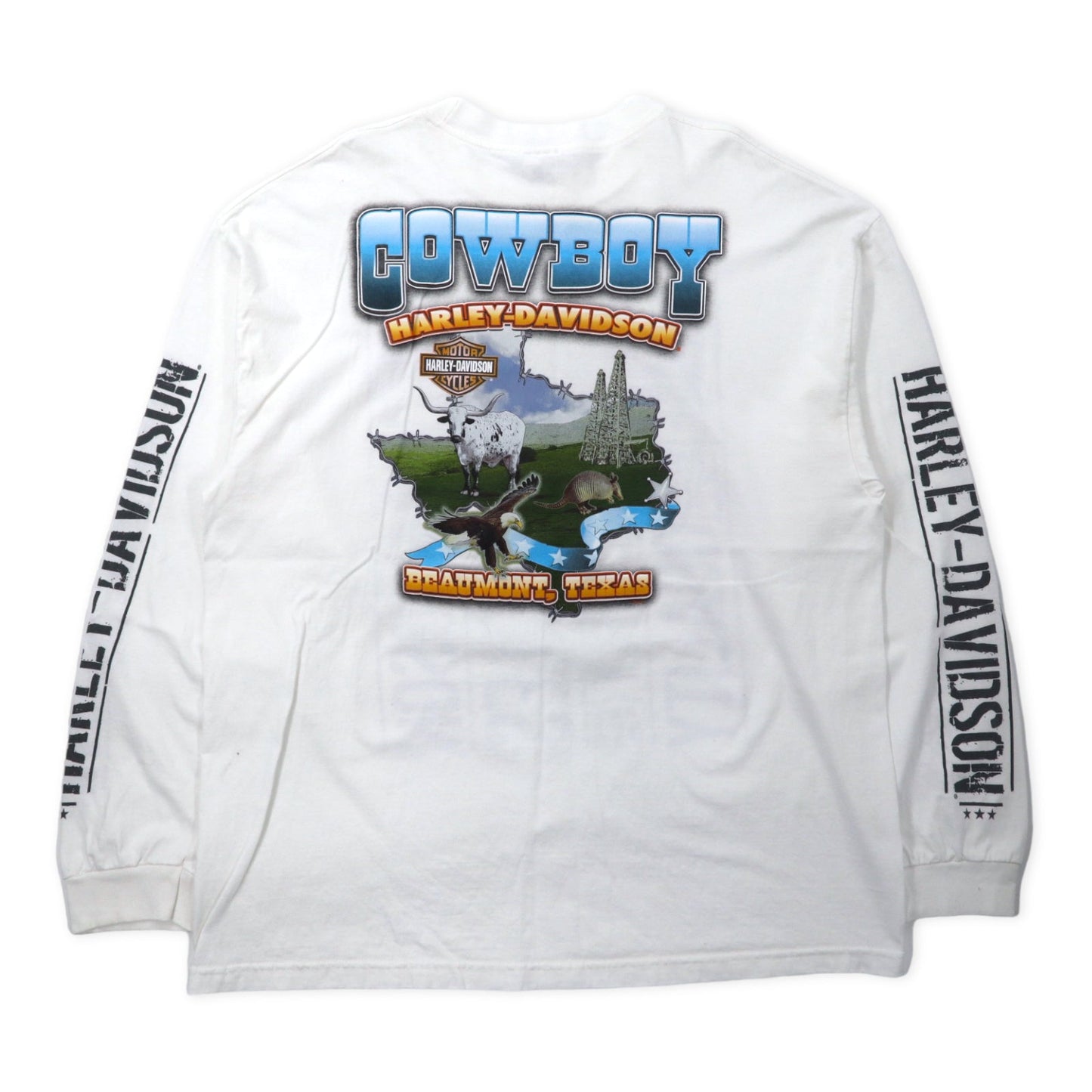 HARLEY DAVIDSON ロゴプリント ロングスリーブTシャツ ロンT 2XL ホワイト コットン 両面プリント 袖ロゴ BEAUMONT, TEXAS ビッグサイズ メキシコ製