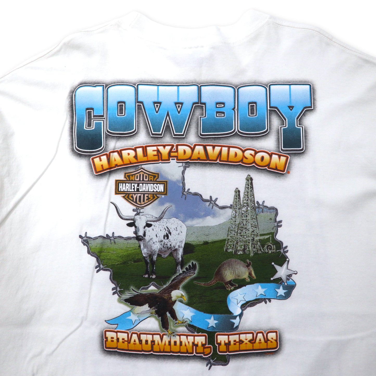 HARLEY DAVIDSON ロゴプリント ロングスリーブTシャツ ロンT 2XL ホワイト コットン 両面プリント 袖ロゴ BEAUMONT, TEXAS ビッグサイズ メキシコ製