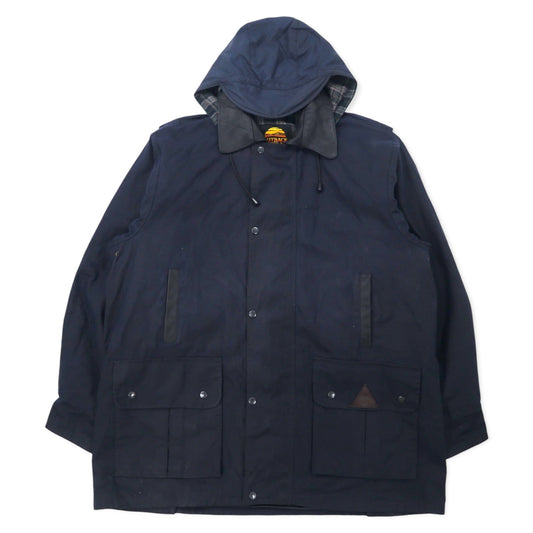 OUTBACK オーストラリア製 オイルドジャケット XXL ネイビー コットン レザー切り替え 裏地チェック フード着脱式 ドローコード