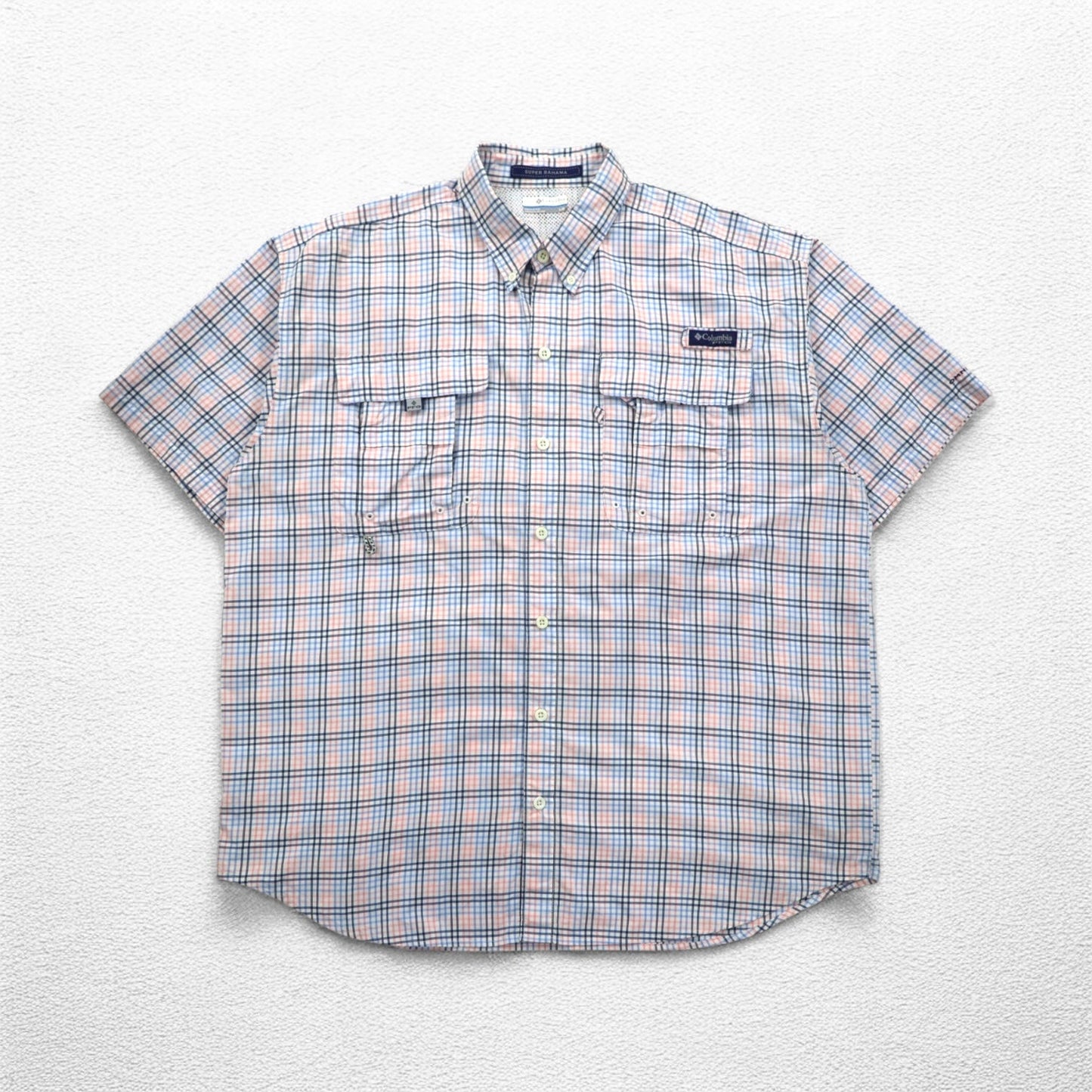 Columbia PFG Super Bahama UVカット オムニシェード バハマ フィッシングシャツ L ホワイト ブルー チェック ナイロン FM7190
