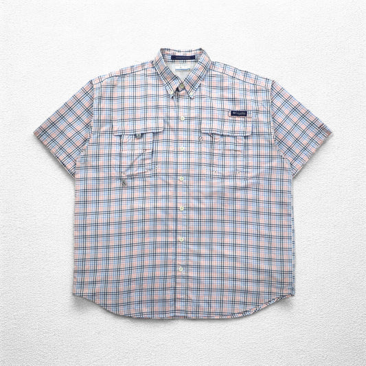 Columbia PFG Super Bahama UVカット オムニシェード バハマ フィッシングシャツ L ホワイト ブルー チェック ナイロン FM7190