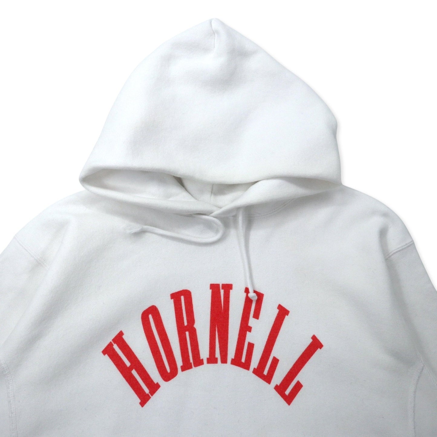 Champion リバースウィーブ パーカー XXL ホワイト コットン 裏起毛 HORNELL 染み込みプリント 青単タグ 復刻 REVERSE WEAVE Pullover Hooded SWEATSHIRT C3-W111