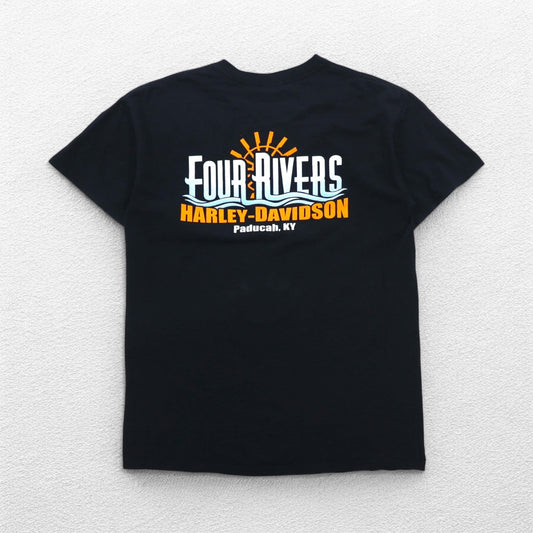 HARLEY DAVIDSON 両面プリント Tシャツ L ブラック コットン FOUR RIVERS