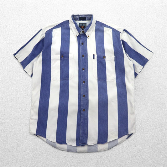 CHAPS RALPH LAUREN 90年代 半袖 デニム ボタンダウンシャツ L ブルー ホワイト ストライプ コットン