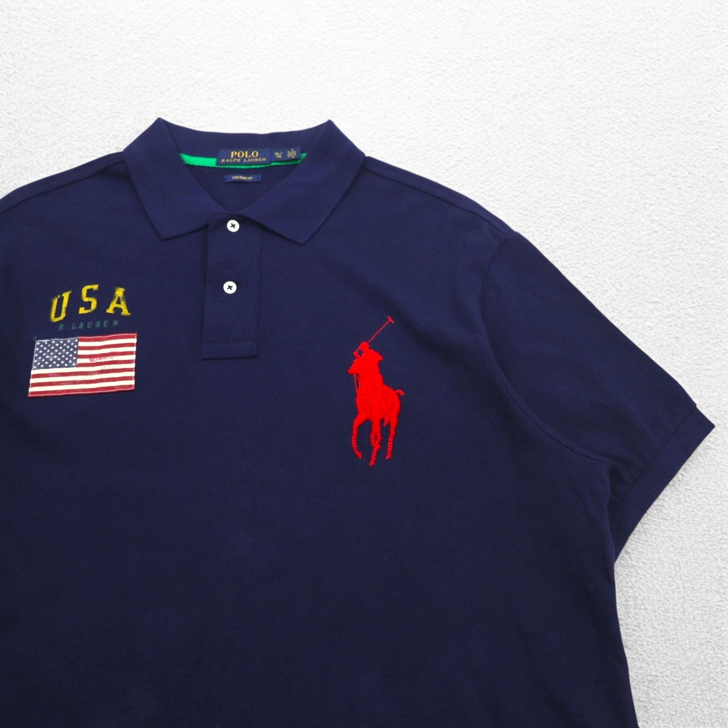 POLO RALPH LAUREN 鹿の子 ポロシャツ XL ネイビー コットン 刺繍 ビッグポニー USA 星条旗