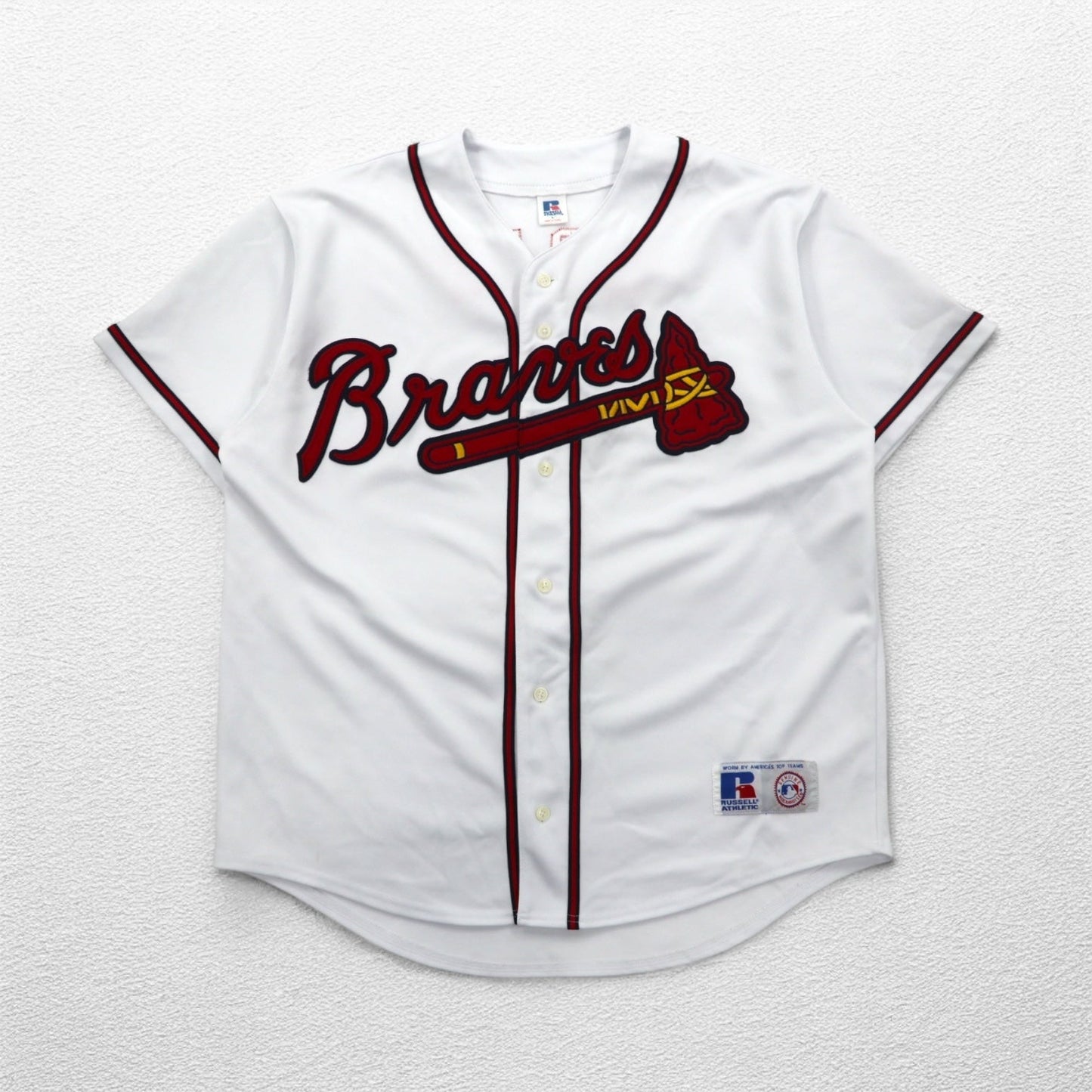 RUSSELL ATHLETICS 90年代 MLB ベースボールシャツ L ホワイト ポリエステル Braves ナンバリング