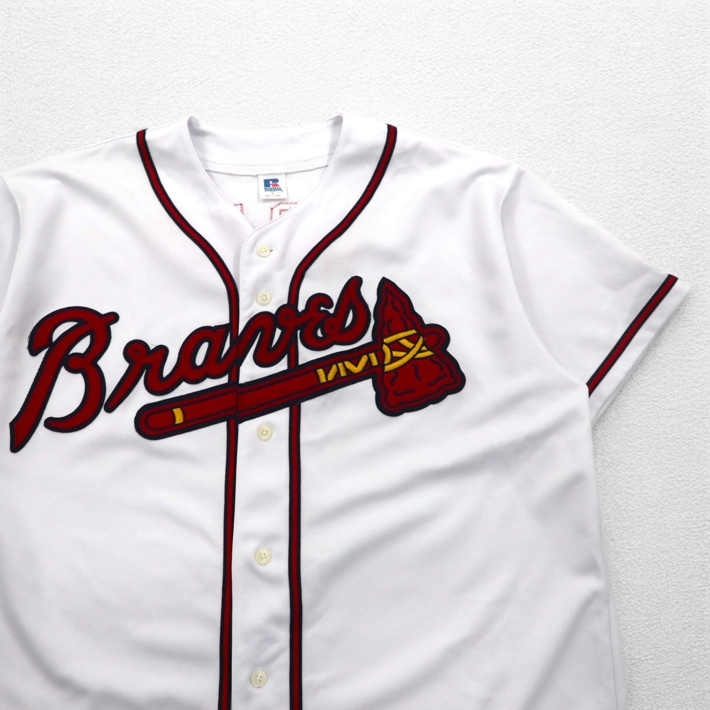 RUSSELL ATHLETICS 90年代 MLB ベースボールシャツ L ホワイト ポリエステル Braves ナンバリング