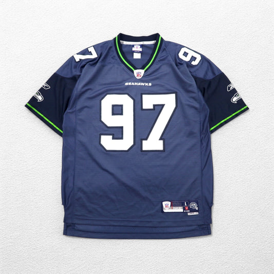 REEBOK ゲームシャツ L ネイビー ポリエステル ナンバリング NFL SEATTLE SEAHAWKS フットボール ユニフォーム