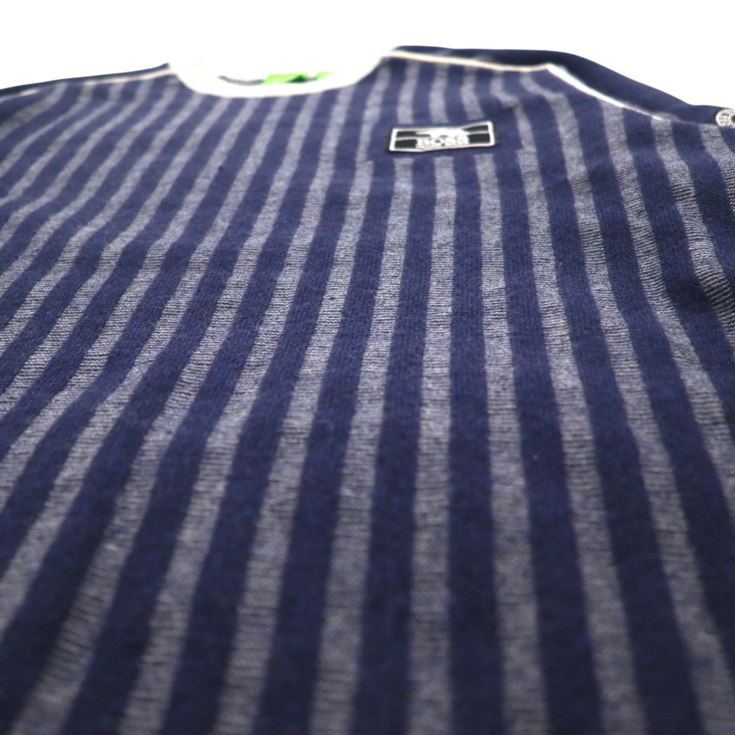 HUGO BOSS ヴァージンウールニット セーター L ネイビー ストライプ 羊毛 ロゴワッペン トルコ製
