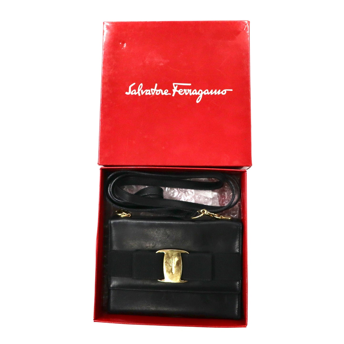 Salvatore Ferragamo 長財布 ショルダーストラップ付属 ブラック レザー 22 5619 ヴァラリボン イタリア製