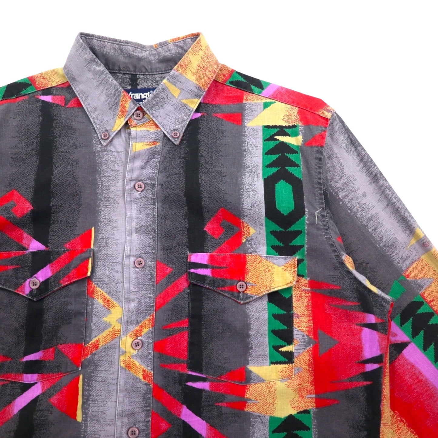 WRANGLER 90年代 USA製 ネイティブ柄 ボタンダウン ウエスタンシャツ XL グレー コットン