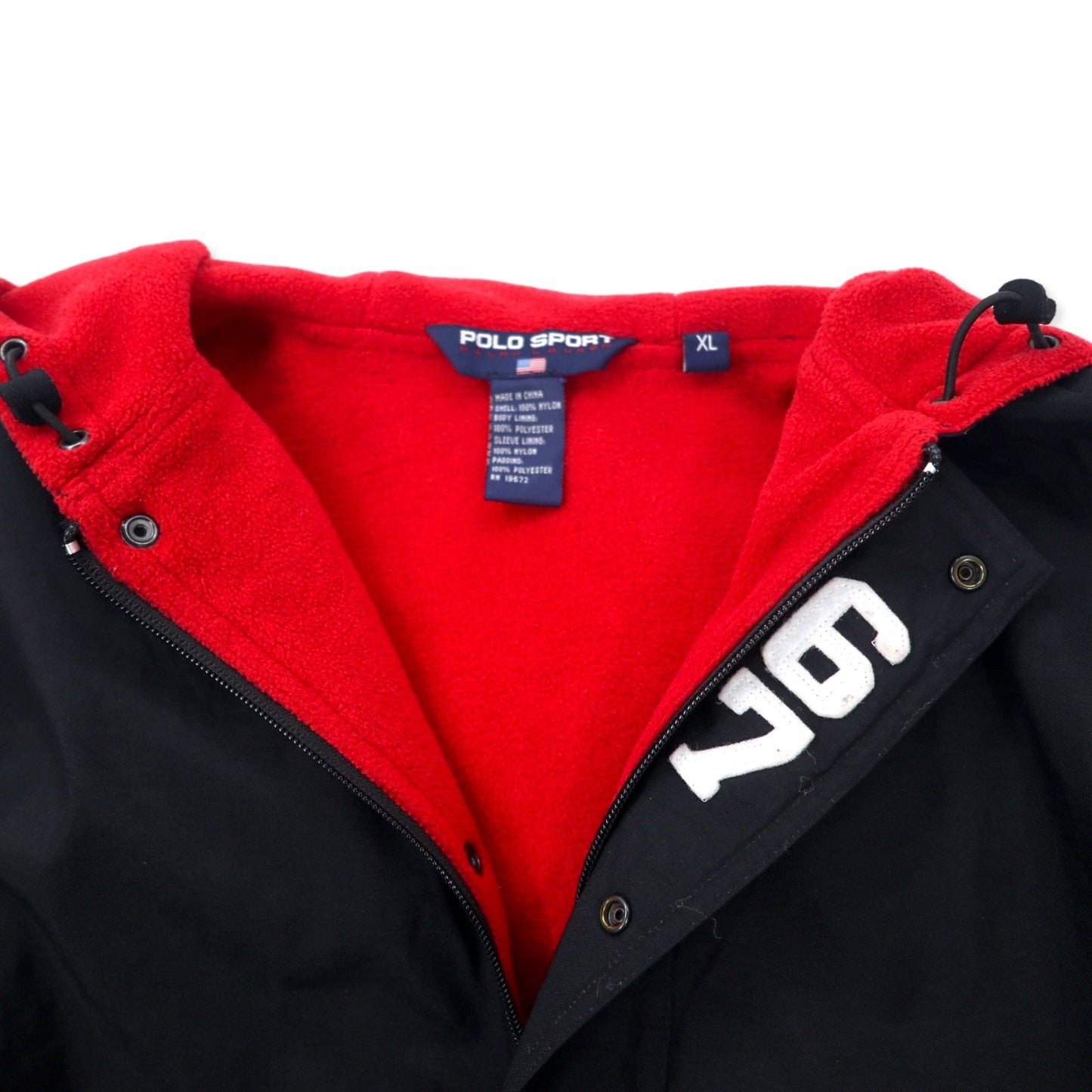 POLO SPORT RALPH LAUREN 90年代 ナイロンジャケット フーディー XL ブラック フリースライナー バックロゴプリント ドローコード