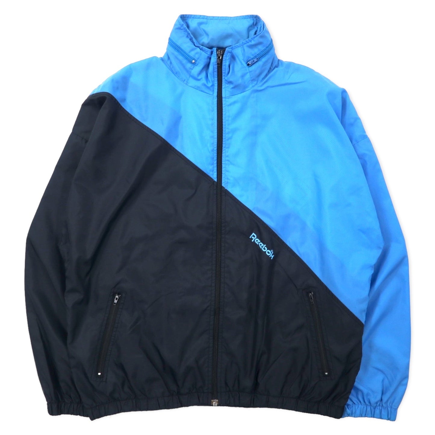 Reebok SPORT 90年代 ナイロンジャケット M ブルー ブラック フード収納式 バックロゴ刺繍