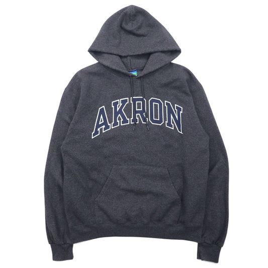 CHAMPION ECO FLEECE カレッジプリント プルオーバー パーカー M グレー コットン AKRON アーチロゴ 裏起毛