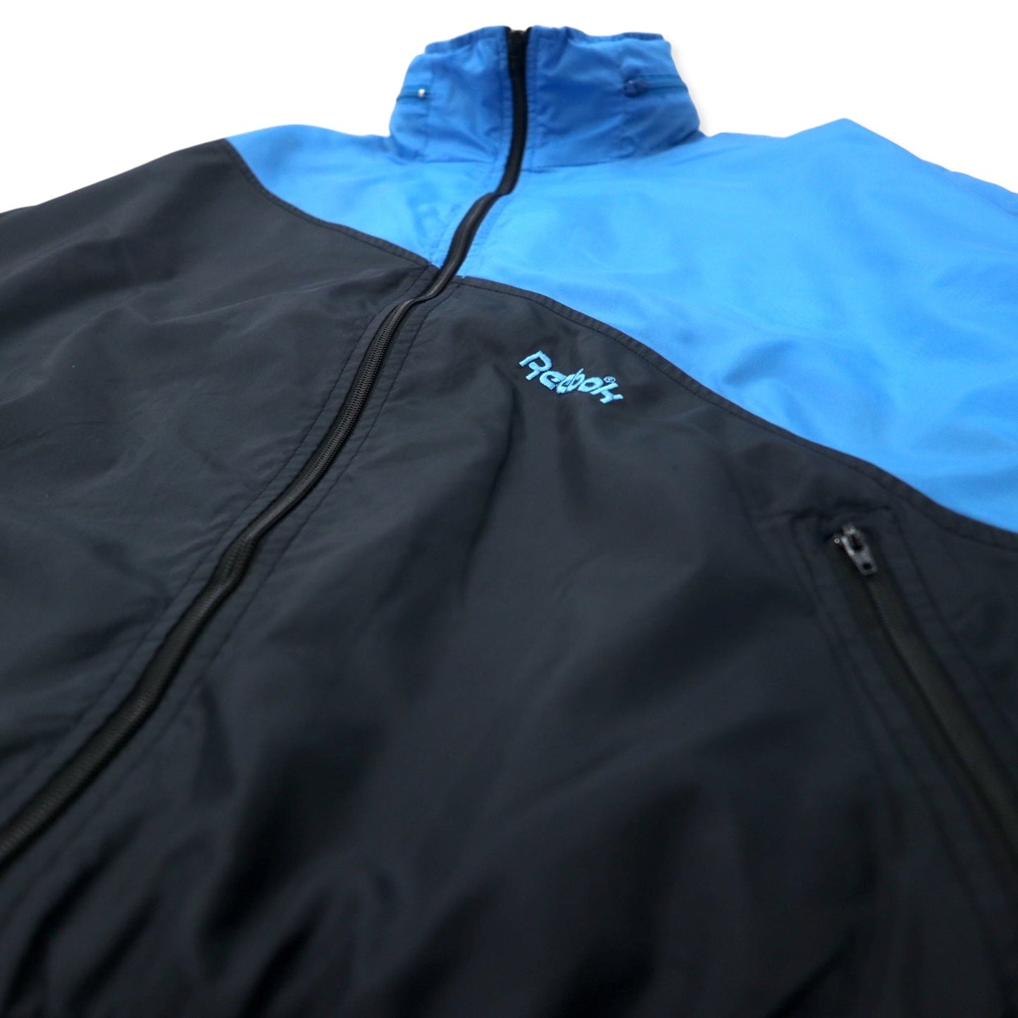 Reebok SPORT 90年代 ナイロンジャケット M ブルー ブラック フード収納式 バックロゴ刺繍