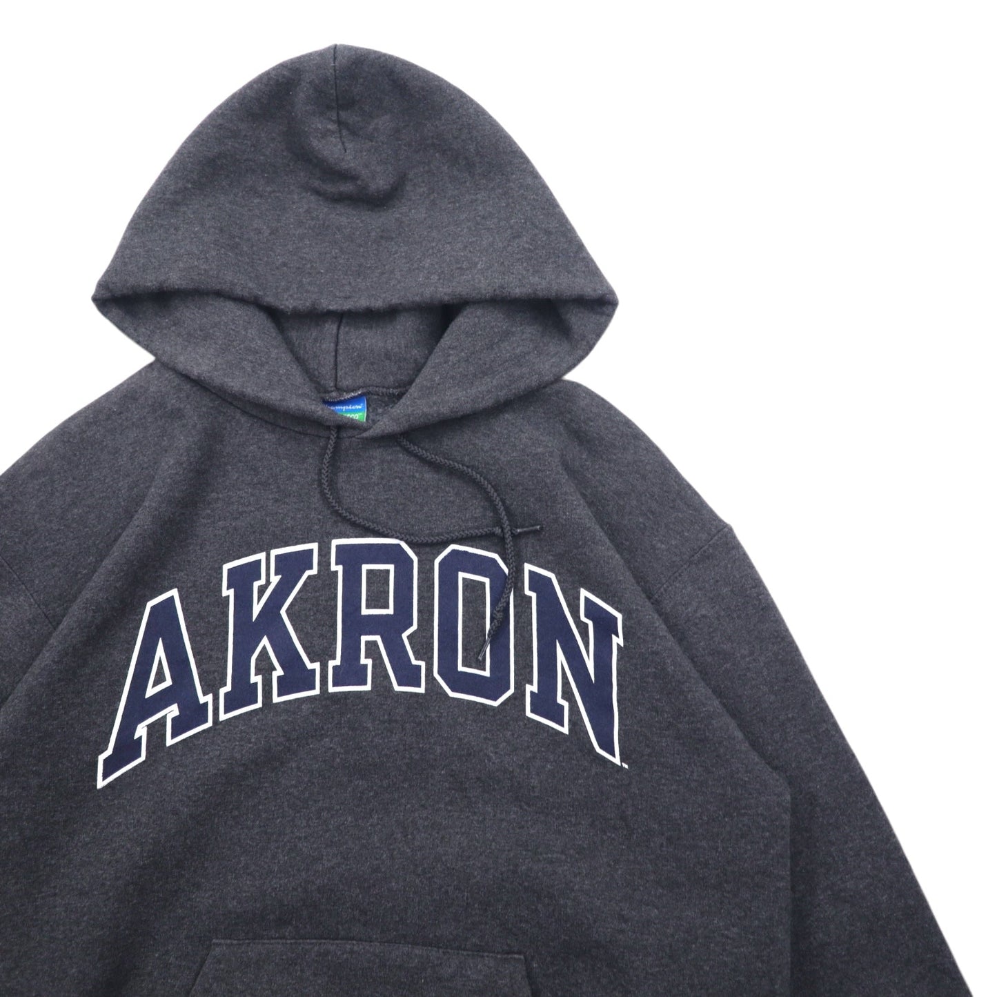 CHAMPION ECO FLEECE カレッジプリント プルオーバー パーカー M グレー コットン AKRON アーチロゴ 裏起毛