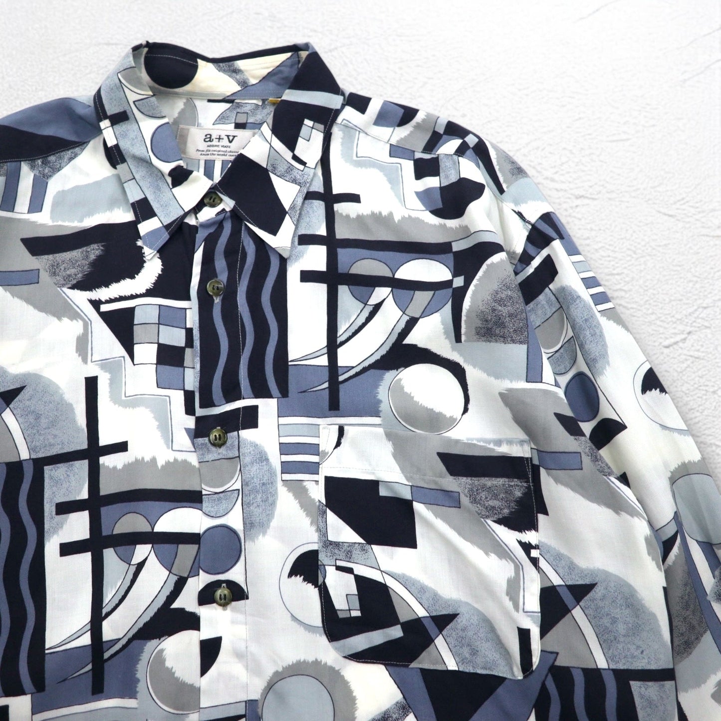 Vintage 90s Japan Made Rayon Shirt a+v ABBRE VIATE 90年代 総柄シャツ FREE グレー 幾何学 レーヨン 日本製