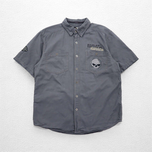 HARLEY DAVIDSON スカルプリント 半袖 ワークシャツ L グレー バックプリント ダブルポケット