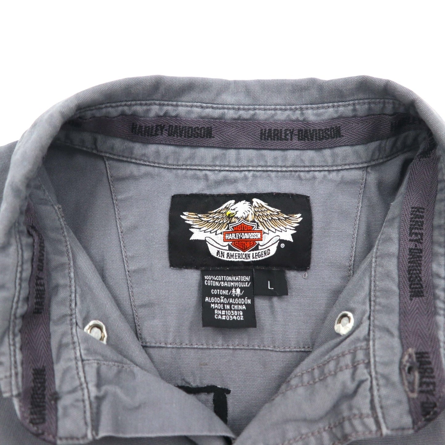 HARLEY DAVIDSON スカルプリント 半袖 ワークシャツ L グレー バックプリント ダブルポケット