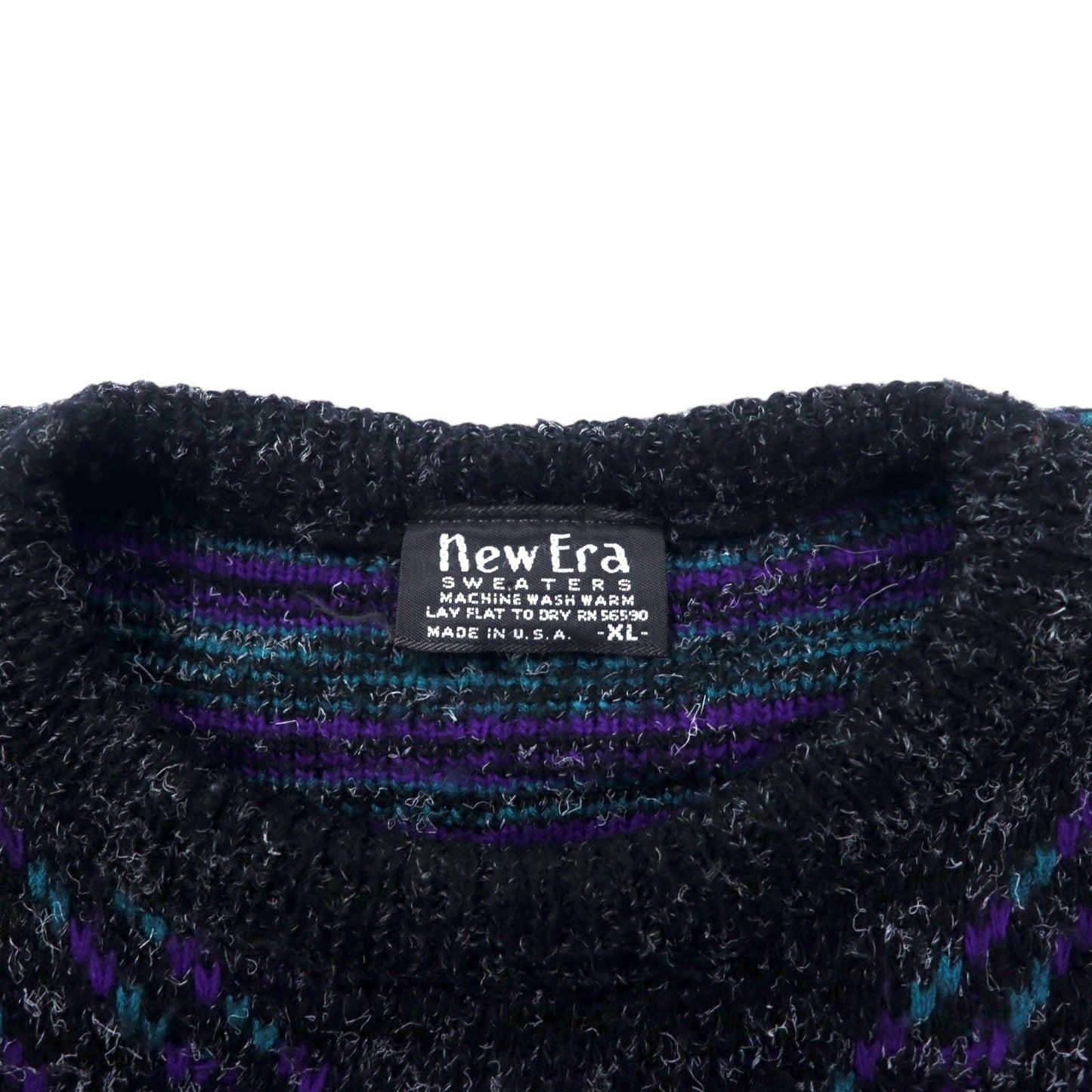 New Era SWEATERS USA製 90年代 シャギーニット セーター XL ブラック アクリル 総柄