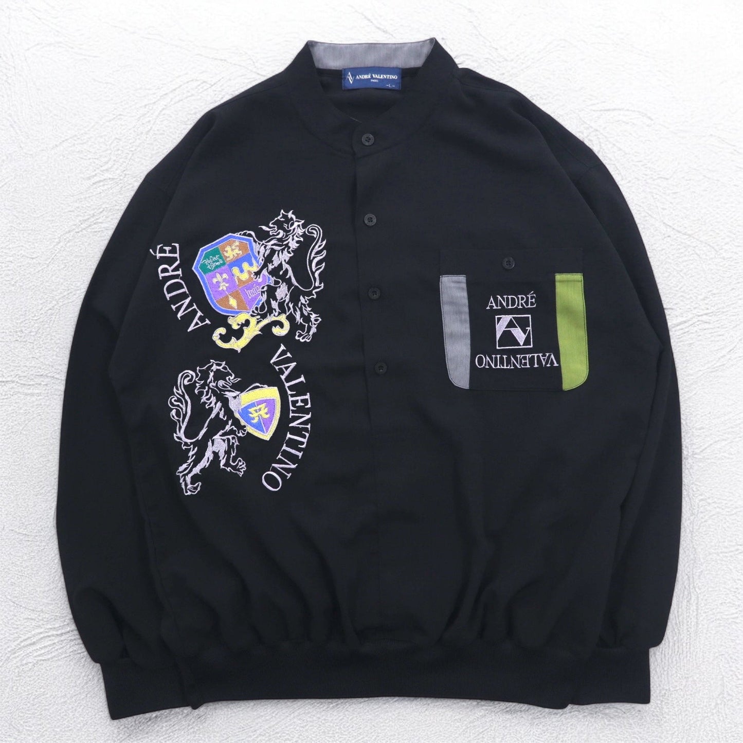 Vintage 90s Pullover Shirt ANDRE VALENTINO 90年代 バンドカラー プルオーバーシャツ L ブラック 刺繍