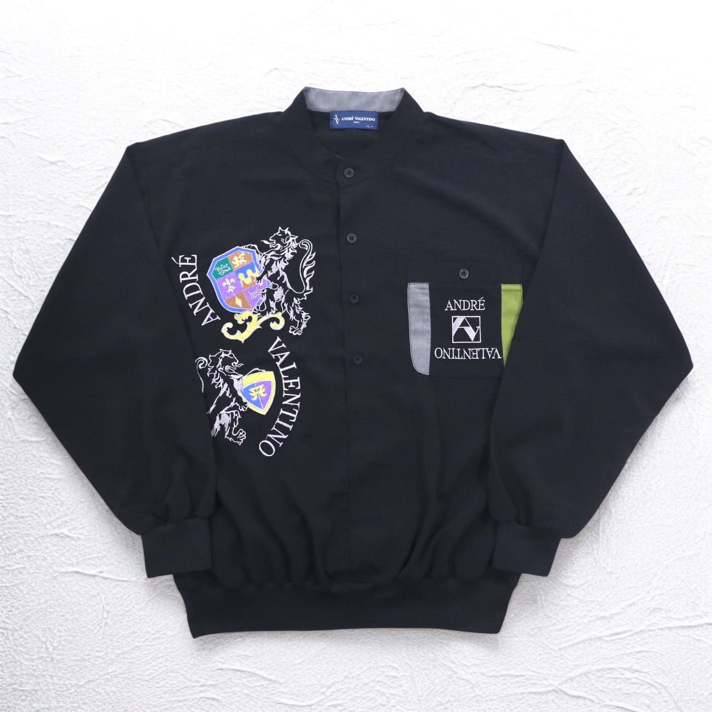 Vintage 90s Pullover Shirt ANDRE VALENTINO 90年代 バンドカラー プルオーバーシャツ L ブラック 刺繍