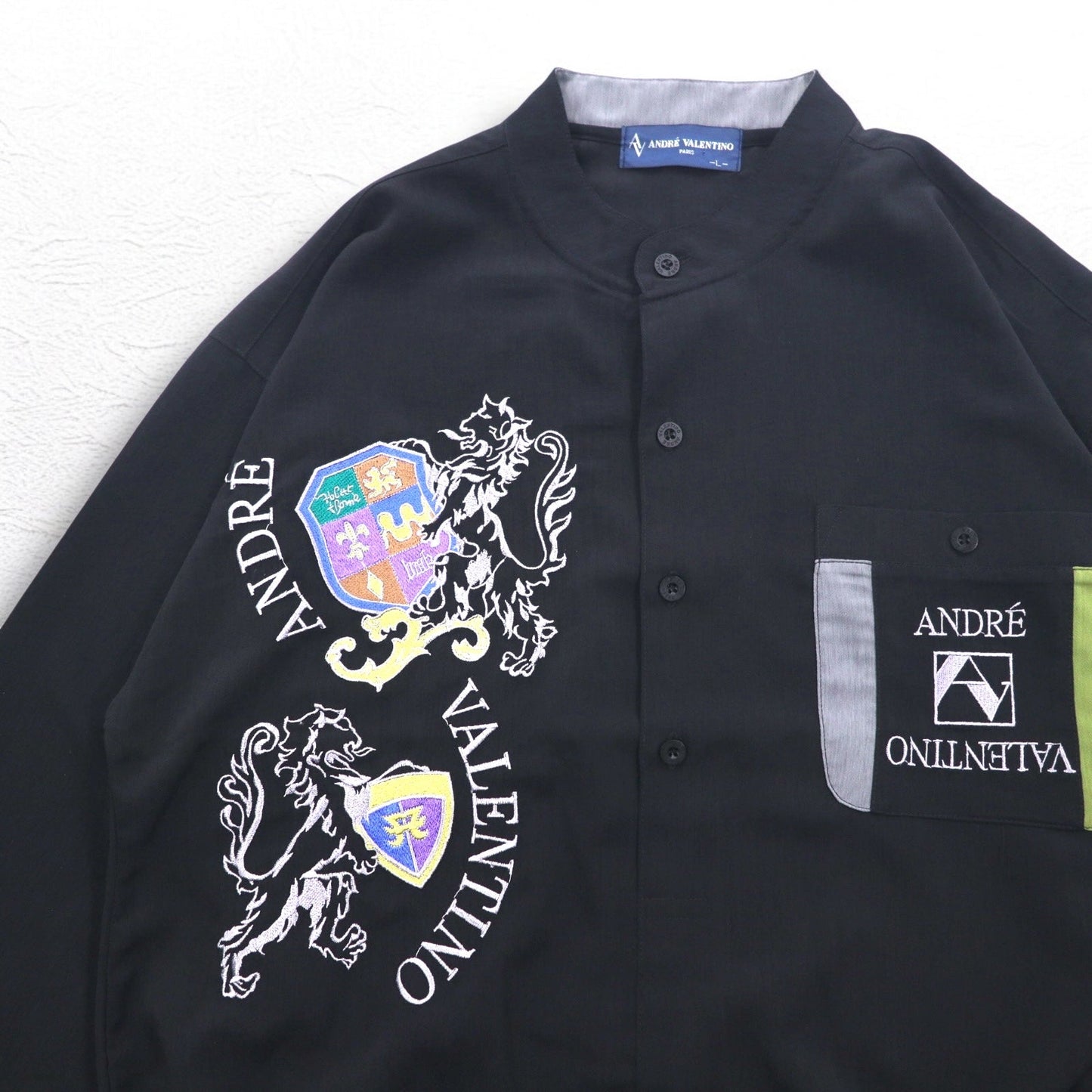 Vintage 90s Pullover Shirt ANDRE VALENTINO 90年代 バンドカラー プルオーバーシャツ L ブラック 刺繍