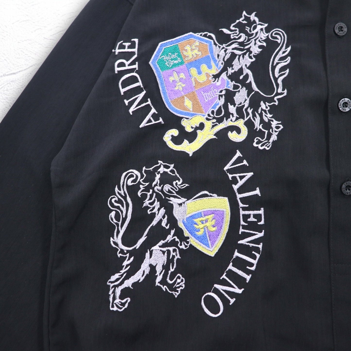 Vintage 90s Pullover Shirt ANDRE VALENTINO 90年代 バンドカラー プルオーバーシャツ L ブラック 刺繍