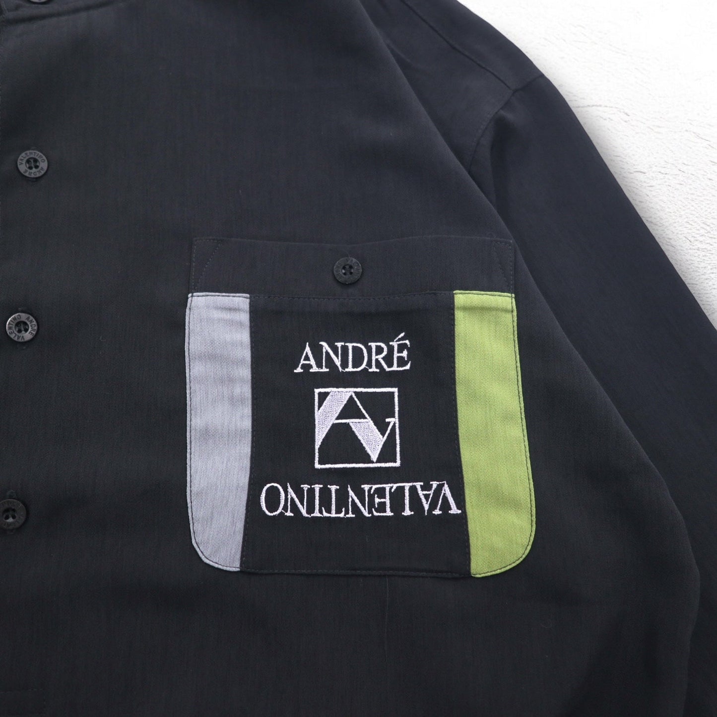 Vintage 90s Pullover Shirt ANDRE VALENTINO 90年代 バンドカラー プルオーバーシャツ L ブラック 刺繍