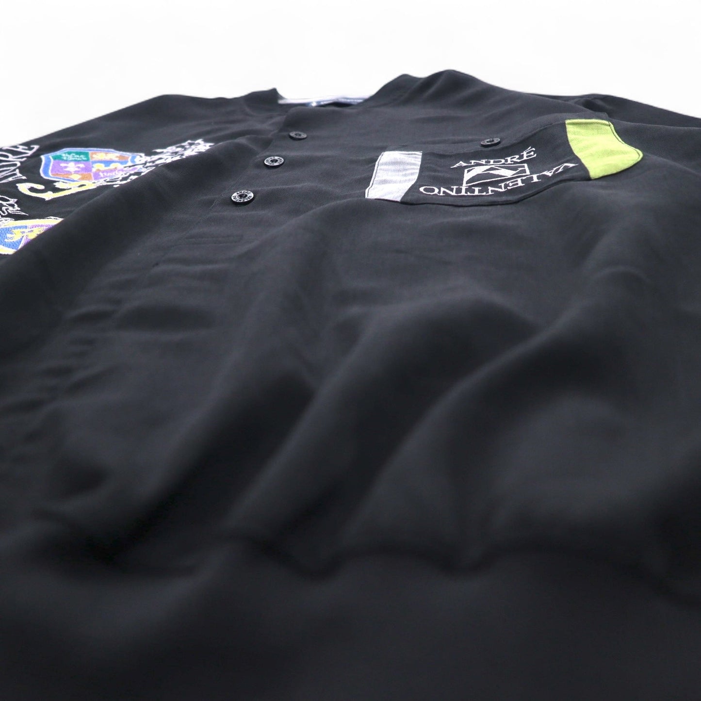 Vintage 90s Pullover Shirt ANDRE VALENTINO 90年代 バンドカラー プルオーバーシャツ L ブラック 刺繍