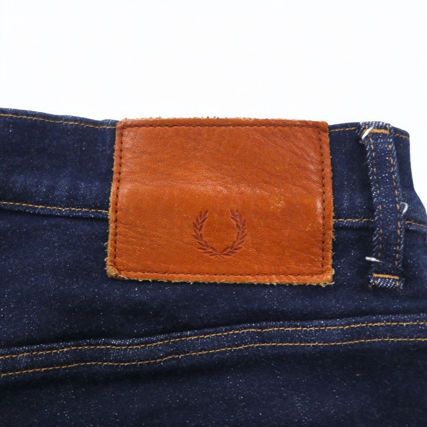 FRED PERRY スキニー デニムパンツ M インディゴ ブルー ストレッチ レザーパッチ F4456 日本製