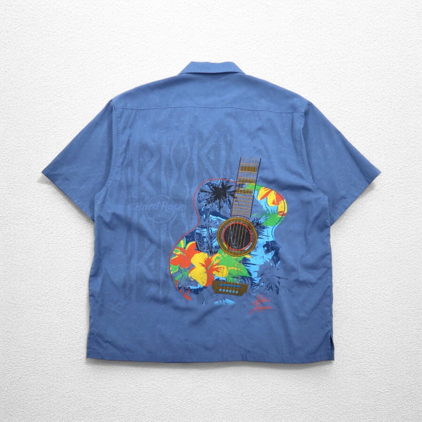 Hard Rock CAFE 半袖 オープンカラーシャツ 開襟 アロハシャツ XL ネイビー レーヨン 刺繍 ギターモチーフ 刺子