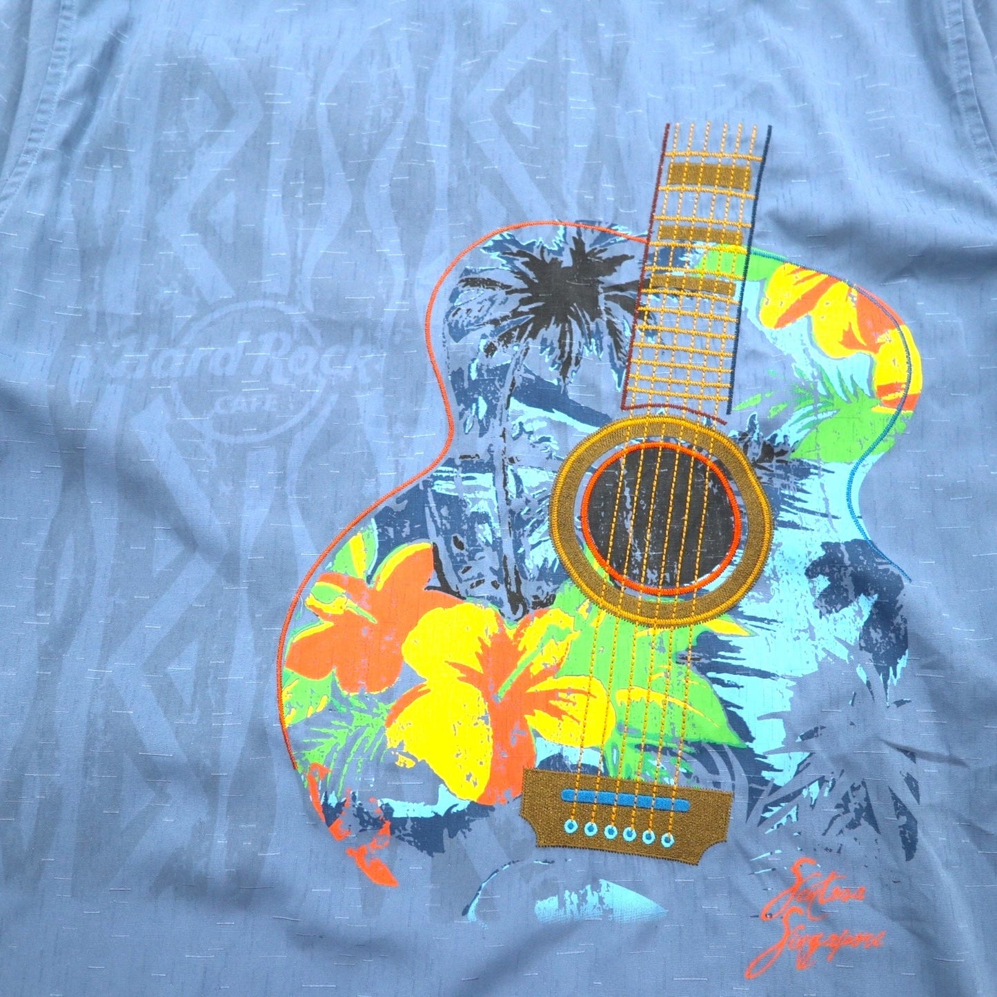 Hard Rock CAFE 半袖 オープンカラーシャツ 開襟 アロハシャツ XL ネイビー レーヨン 刺繍 ギターモチーフ 刺子