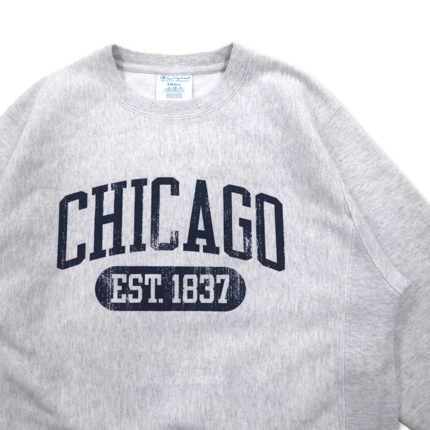 Champion リバースウィーブ REVERSE WEAVE スウェット L グレー カレッジ プリント CHICAGO アーチロゴ 青単タグ 復刻 エルサルバドル製