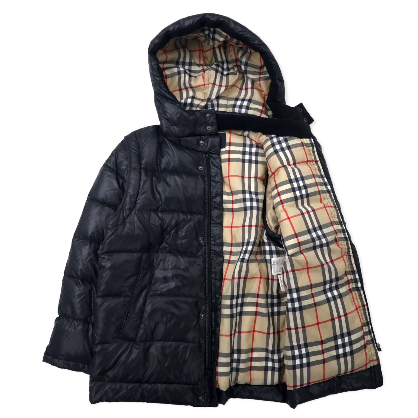 BURBERRY 2WAY ダウンジャケット ダウンベスト S ブラック ナイロン フード着脱式 袖着脱式 ワンポイントロゴ刺繍 裏地ノバチェック