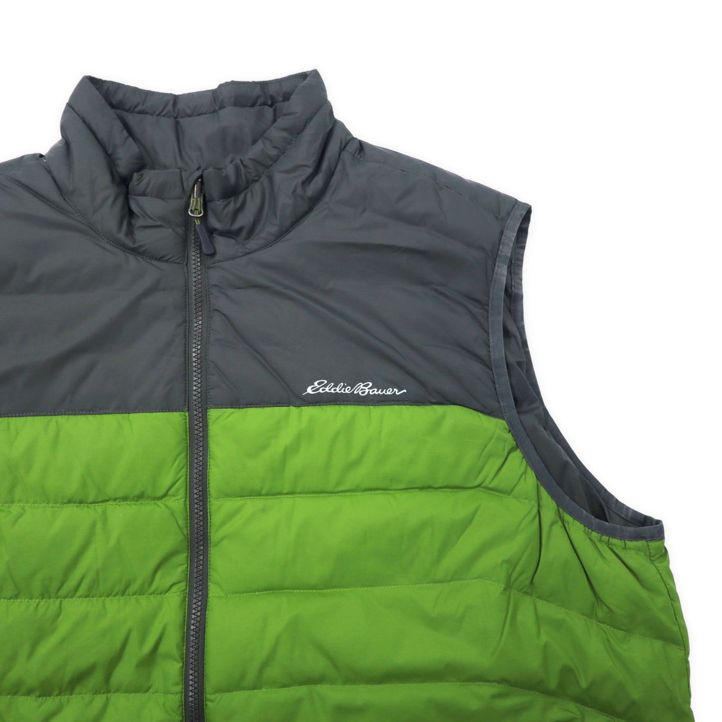 Eddie Bauer 2トーン ダウンベスト TXL グリーン グレー ナイロン ワンポイントロゴ 0805