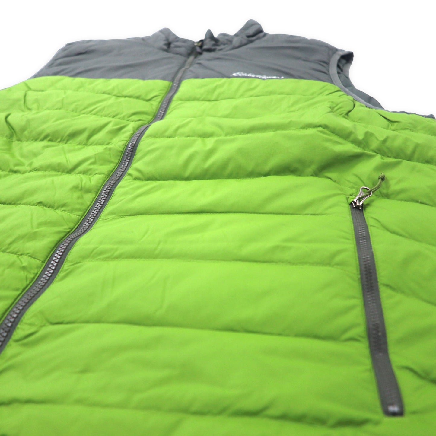 Eddie Bauer 2トーン ダウンベスト TXL グリーン グレー ナイロン ワンポイントロゴ 0805